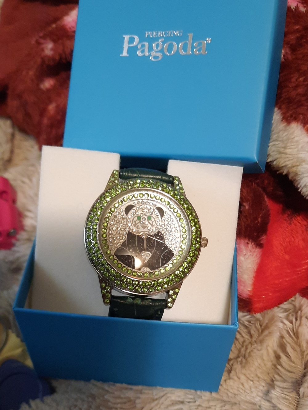 August Birthstone Peridot Green Crystal Oversized Watch "Panda" Genuine Leather